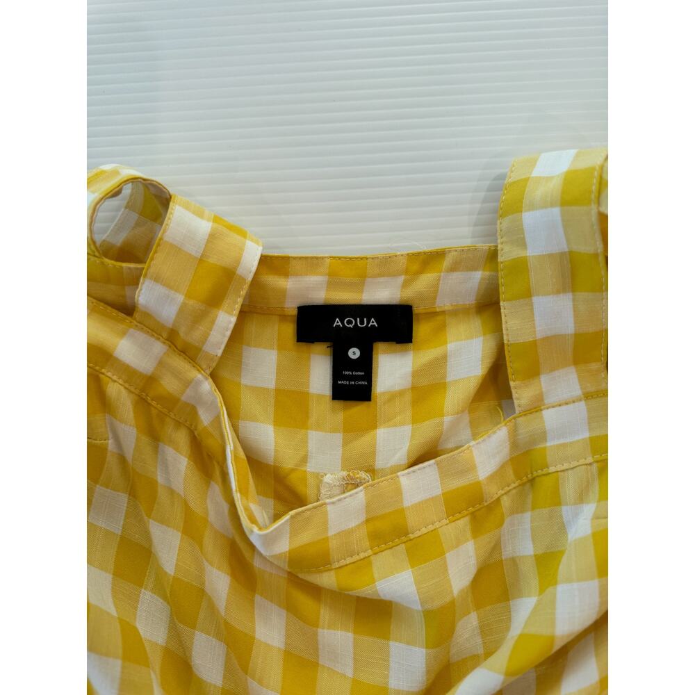 AQUA Butter Yellow Gingham Tie Shoulder Mini Dress S Cottagecore Picniccore - Picture 16 of 16